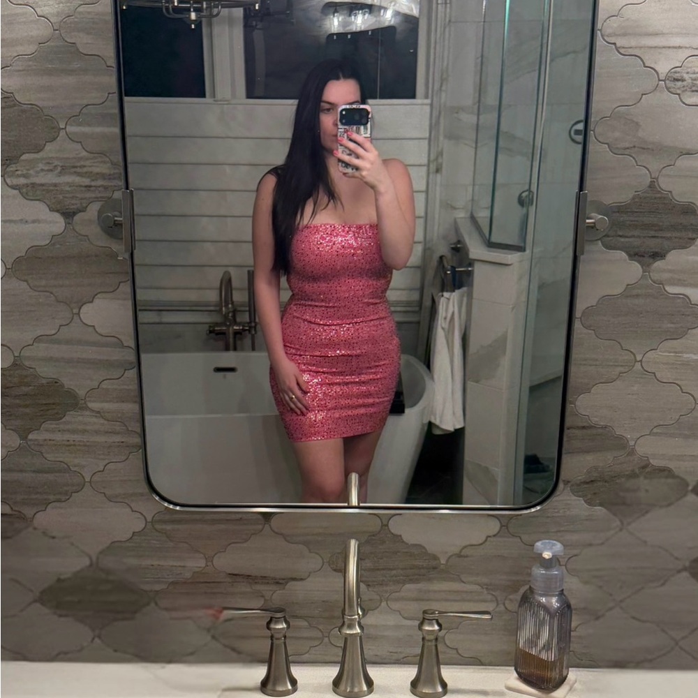 Fashion Nova Glittery Pink Strapless Dress